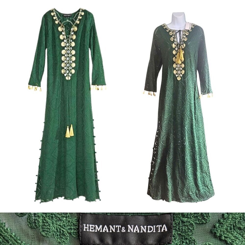 NWT HEMANT & NANDITA Viridian Aari Zardozi Metallic Embroidered Tassel Caftan L